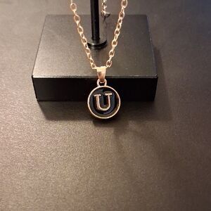 Elegant‎ Gold and Black Pendant Necklace With Initial U. New